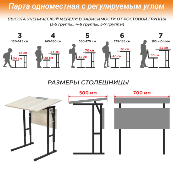 Парта одноместная с регулируемым углом наклона столешницы ЛДСП