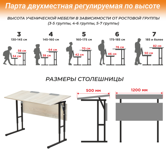 Парта двухместная с регулируемым углом наклона столешницы ЛДСП